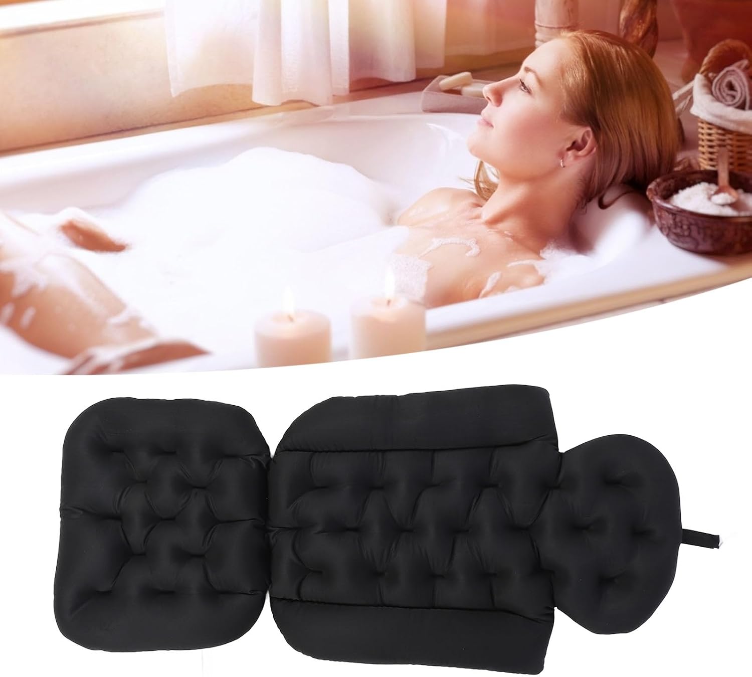 Full Body Bath Pillow, Bathtub Pillow with Non Slip Base, Ergonomic Full Body Bath Cushion for Tub Spa Pool Outdoor Use, Breathable Quick Drying Mesh Fabric Bathtub (Black)
