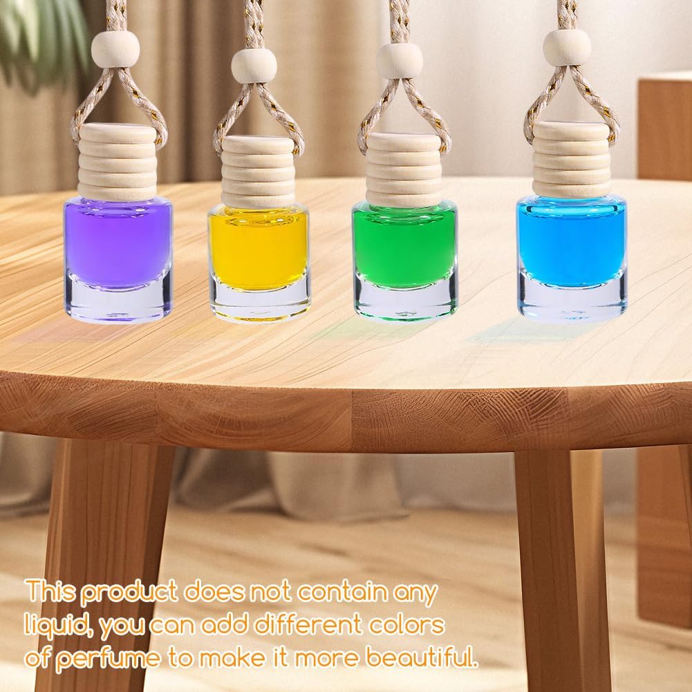 5 Pcs 5ml0.17oz Empty Hanging Car Air Freshener Diffusers Clear Glass Essential Oil Aromatherapy Pendant Vials with Wooden Caps and String Refillable Perfume Bottles for Fragrance