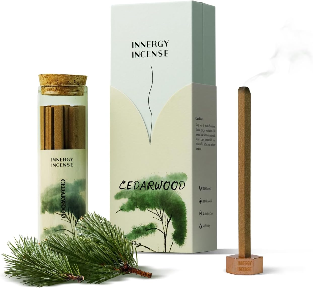 Innergy Cedarwood Incense Sticks, No Bamboo Core, Gift Set | 100% natural, no synthetic fragrance or dyes, cedarwood with sandalwood and agarwood, forest wood aroma, 20 count