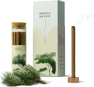 Innergy Cedarwood Incense Sticks, No Bamboo Core, Gift Set | 100% natural, no synthetic fragrance or dyes, cedarwood with sandalwood and agarwood, forest wood aroma, 20 count