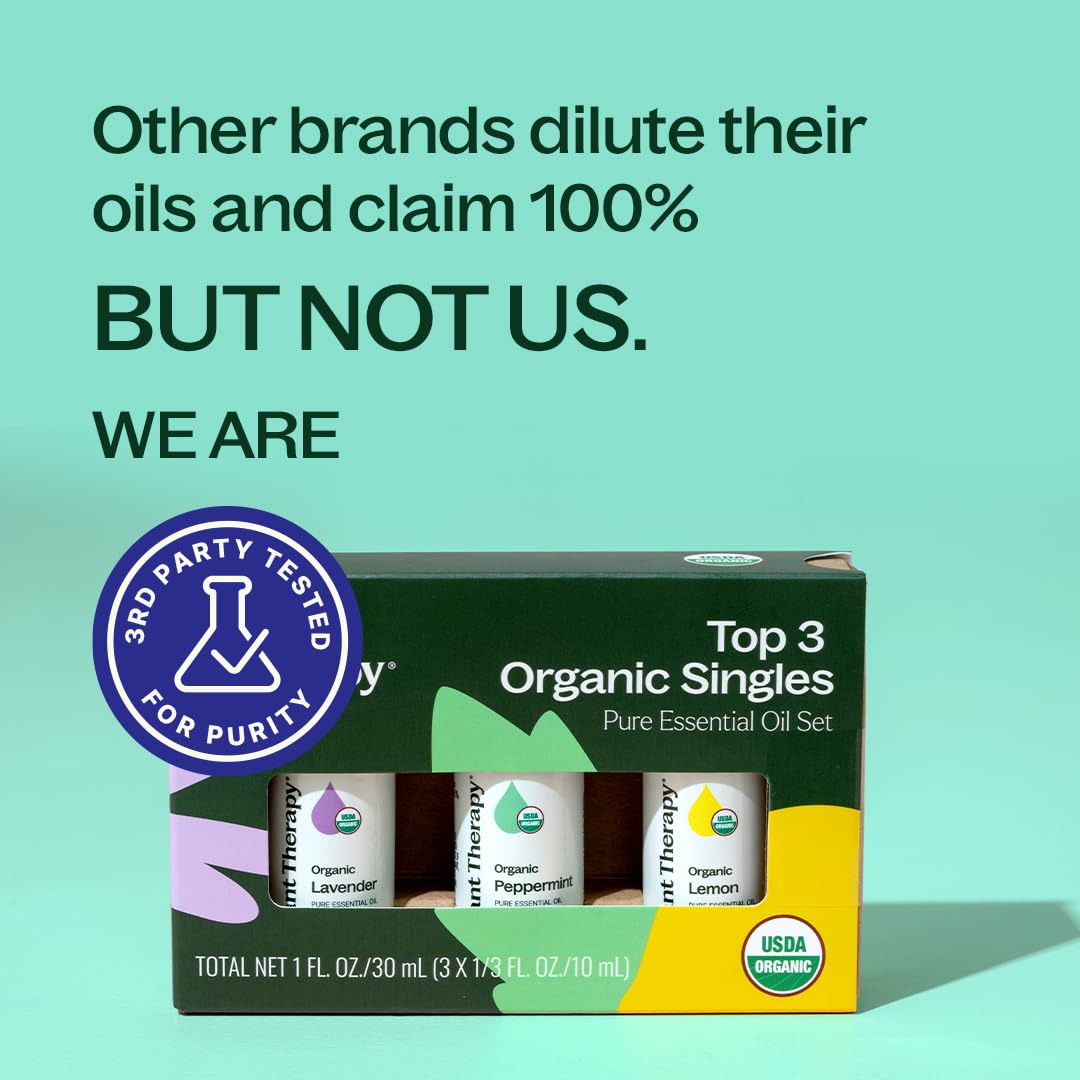 Plant Therapy Top 3 Organic Essential Oil Singles Set 10 mL (1/3 oz) Lemon, Lavender & Peppermint 100% Pure Essential Oils, Undiluted, Natural Aromatherapy for Diffusion and Body Care