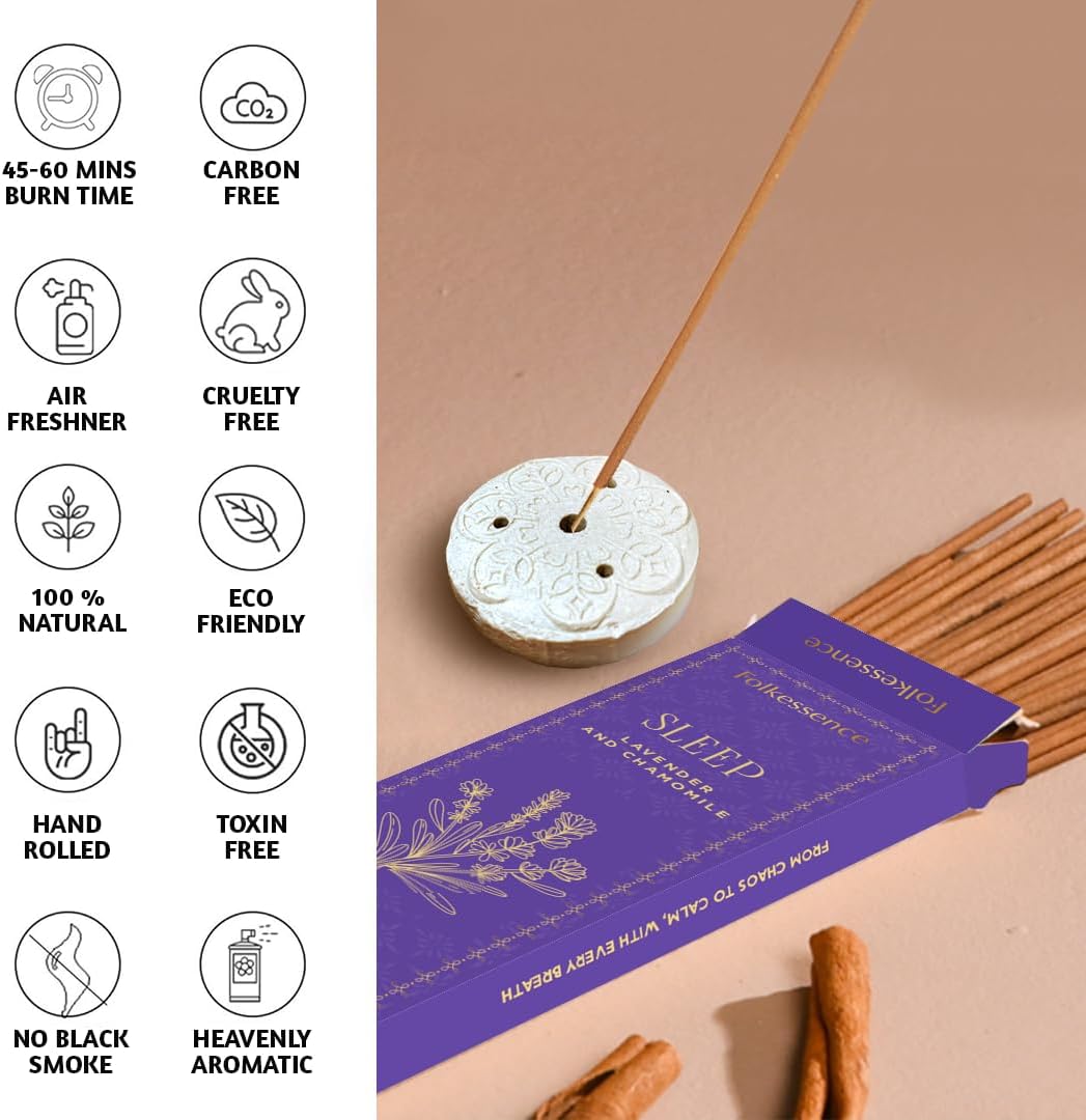 Folkulture Incense Sticks with Holder (100 Sticks)| Lavender & Chamomile Incense Sticks for Deep Sleep, Aromatherapy, Relax Stress |No Charcoal,Organic,Non Toxic, 45 Mins, Long Burning Insence-Sticks