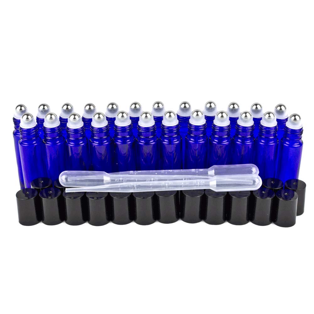 GreenHealth 24 Glass Cobalt Blue Essential Oils Roller Bottles Refillable 10 ml Roll On Perfume/Aromatherapy/Organic Beauty Bottles with Stainless Steel Roller Balls & Cap, with 3-3 ml Droppers