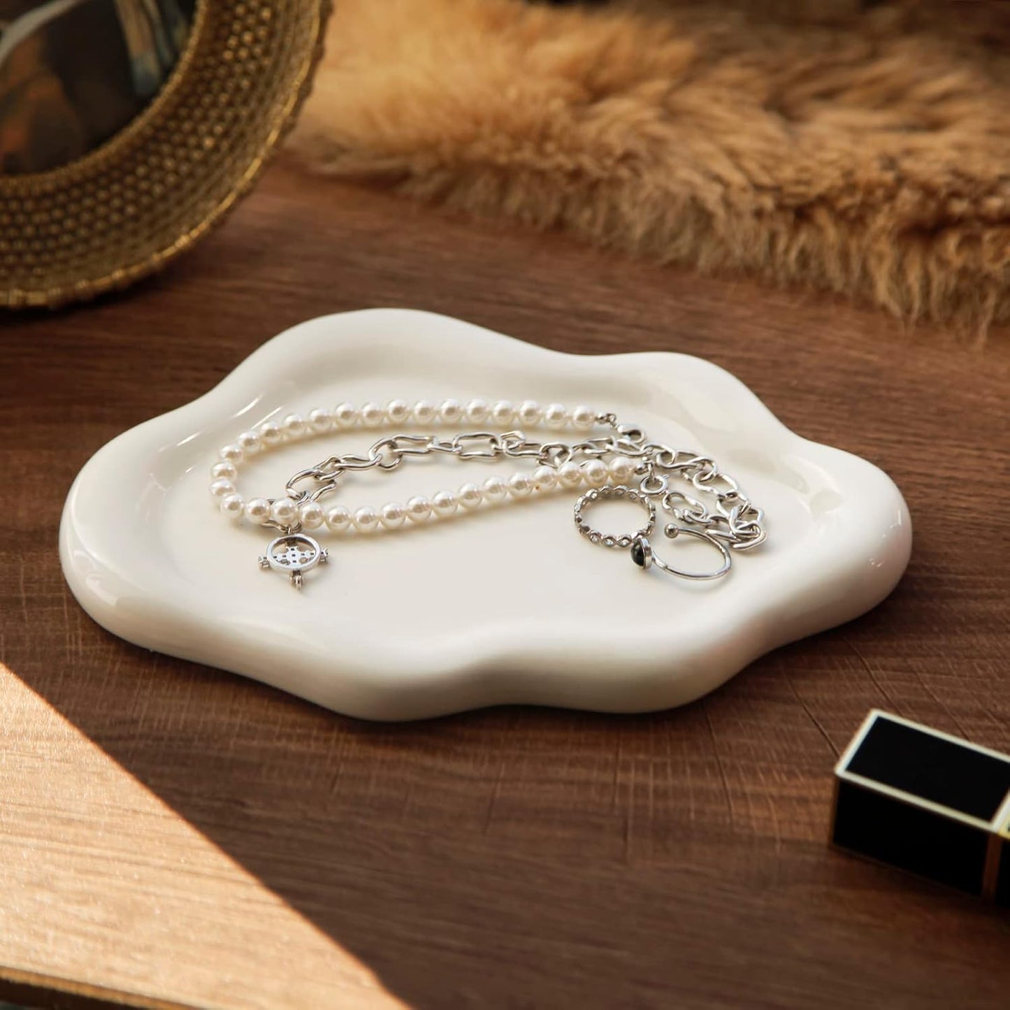 Jewelry Dish Trinket Tray for Women, Ring Dish Holder, Unique Cloud Shape Ceramic Plate Cute Things Vanity Aesthetic Room Decor Mother's Day Birthday (White)