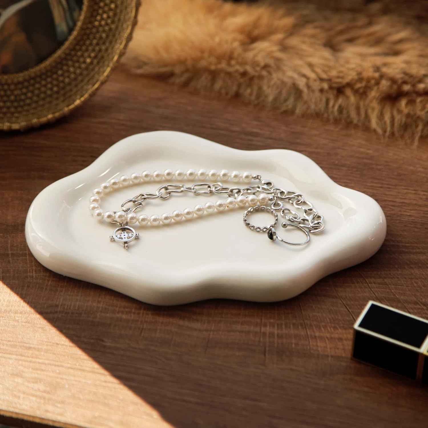 Jewelry Dish Trinket Tray for Women, Ring Dish Holder, Unique Cloud Shape Ceramic Plate Cute Things Vanity Aesthetic Room Decor Mother's Day Birthday (White)