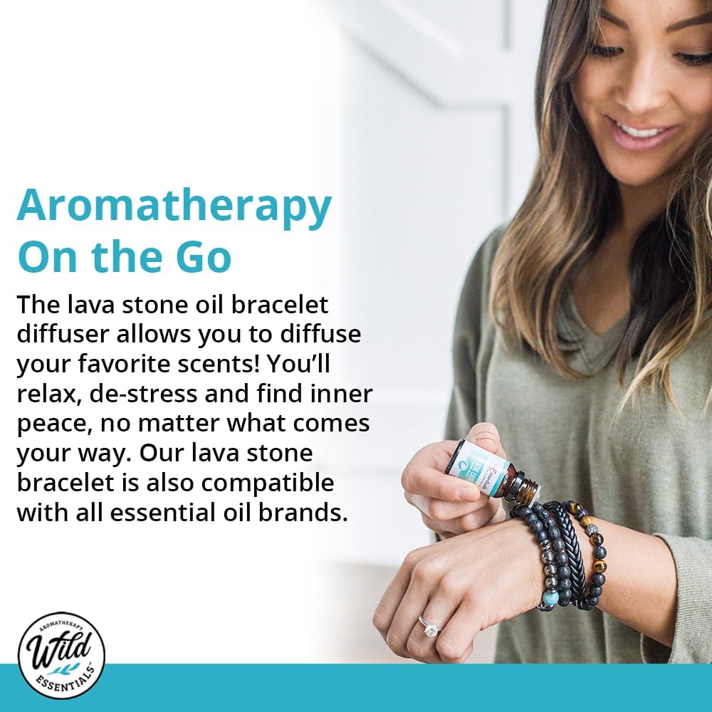Wild Essentials 7 Chakras Lava Stone Essential Oil Diffuser Bracelet, Adjustable, Aromatherapy Jewelry Gift Set and 100% Pure Oils (Lavender, Lemongrass, Orange and Peppermint)