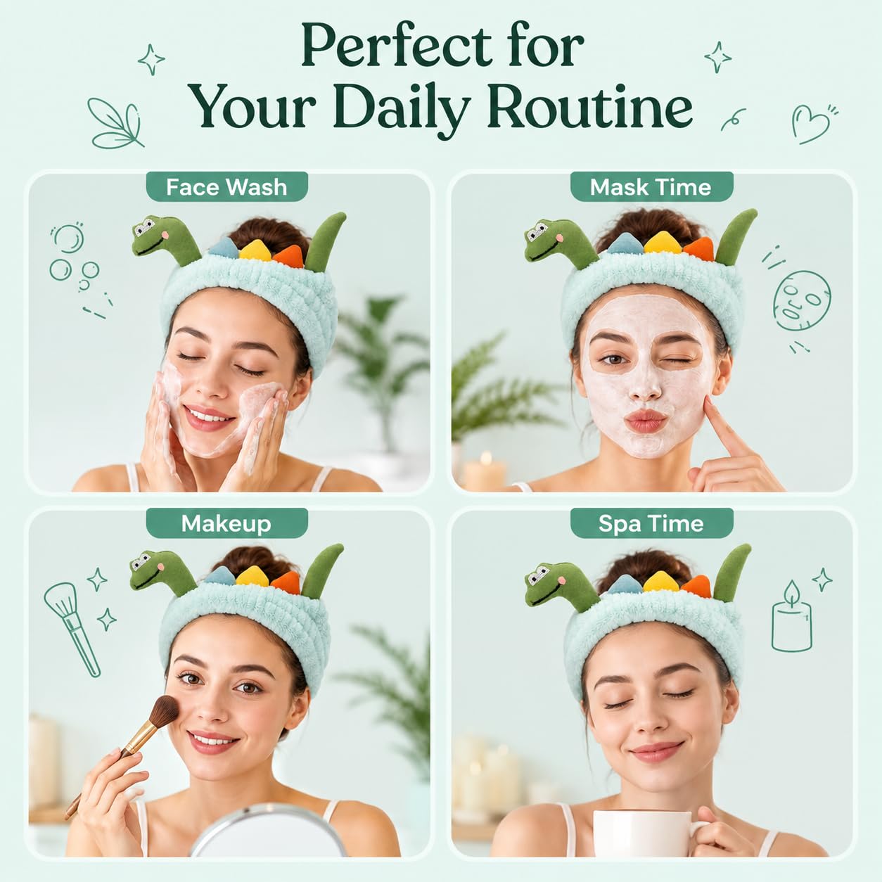Funny Dinosaur Headband Cute Animal Cat Duck Frog Dinosaur Snail Kawaii Spa Headband Hair Accessories for Washing Face Shower Sports Beauty Skincare (Style 19)