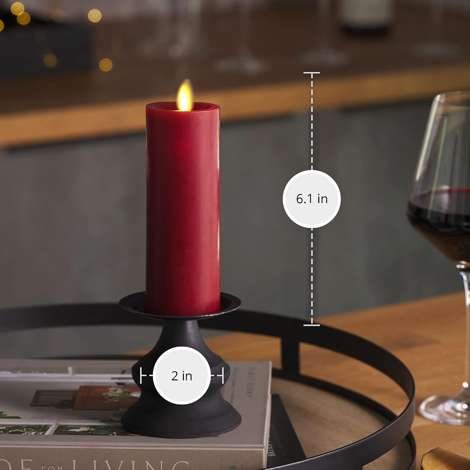 Luminara Classic Slim Flameless LED Candle, Burgundy 2" x 6.1", Battery Operated Moving Flame Pillar w/Timer, Safe Realistic Wax Candle, Home Decor