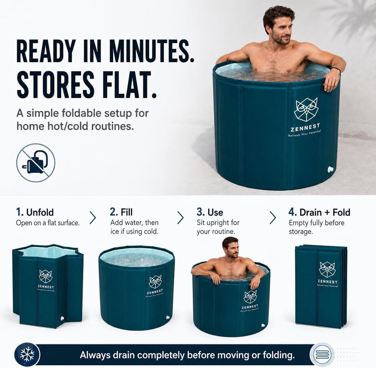 Foldable Portable Bathtub for Adults – American Design 2-in-1 Hot & Cold Plunge, 105-Gal Large Capacity Collapsible Bathtub Adult, 6-layer Insulated Portable Soaking tub - Space-saving Design