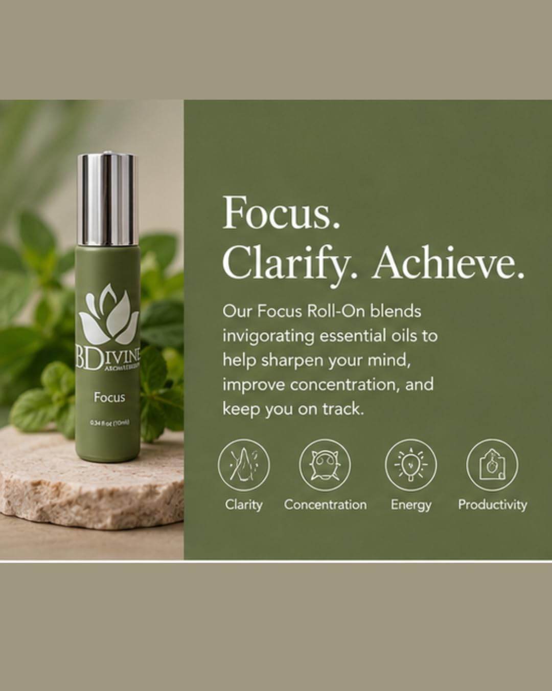 Focus Essential Oil Roll-On - Therapeutic, Aromatic Blend for Concentration and Clarity (10ml)