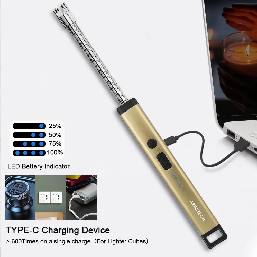 ARECTECH Candle Electric Lighter Rechargeable USB Arc Lighter for Candle Camping Fireworks Christmas Birthday Gifts with LED Light for Men Women Gold