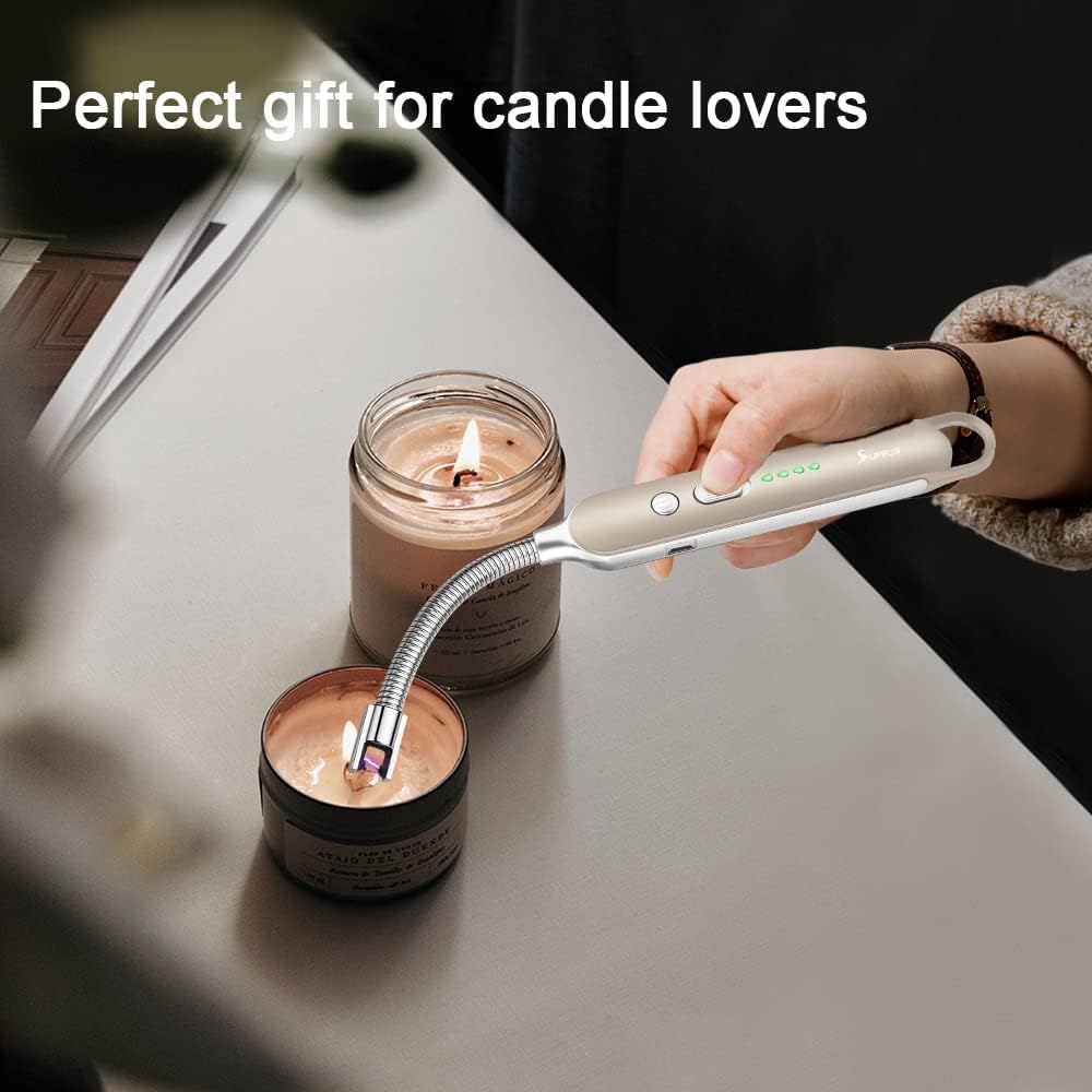 SUPRUS Electric Rechargeable Arc Lighter with LED Battery Display Long Flexible Neck USB Lighter for Candle Cooking (Champagne)