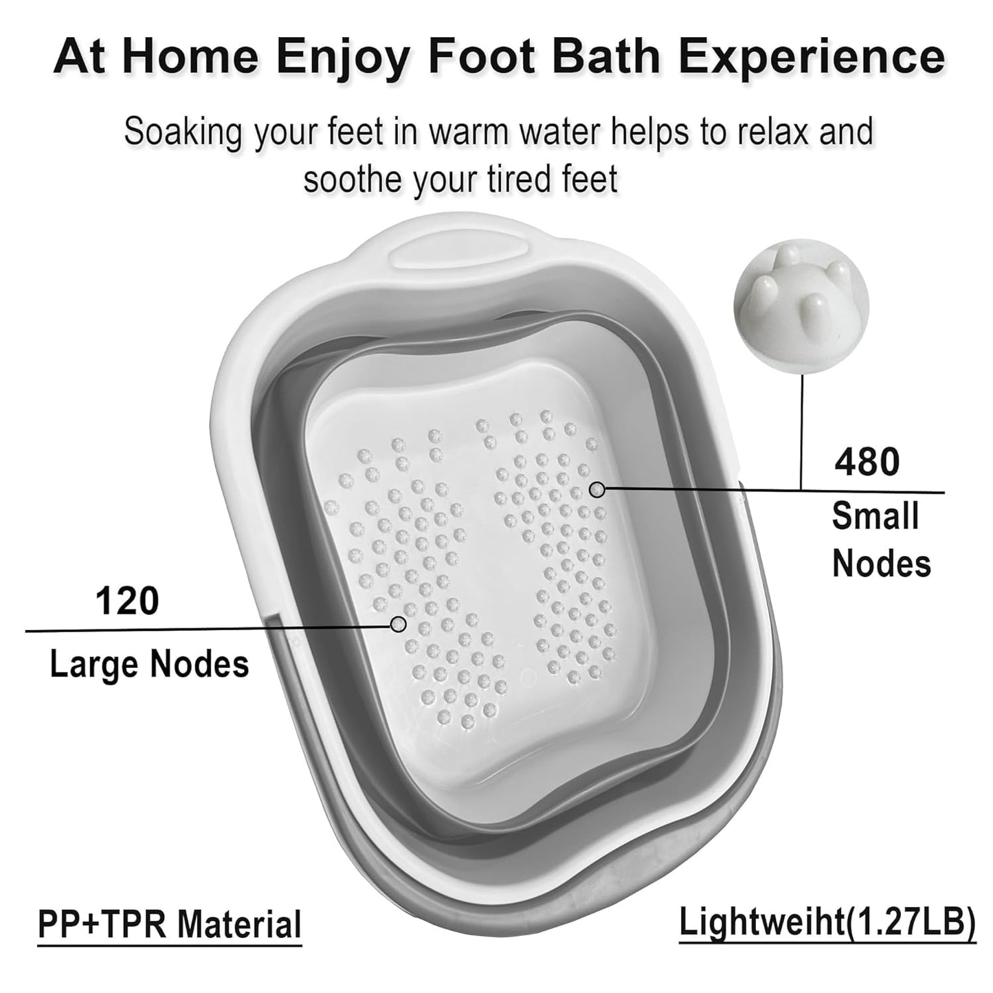Collapsible Foot Bath Basin for Soaking Feet, Foot Soak Tub, Plastic Foot Bucket with Handles and Massage Acupoint for Pain Relief,Pedicure,Home Spa Treatment (White)