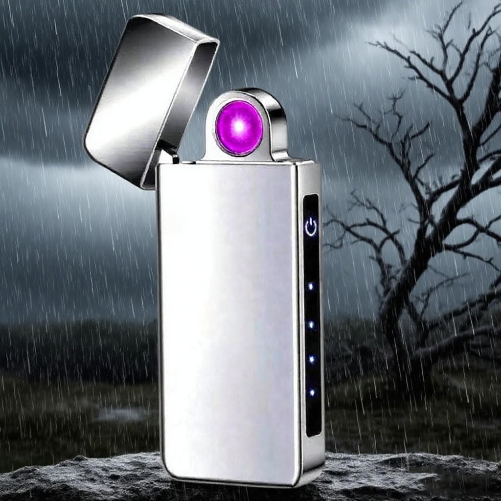 Spinning Arc Plasma Lighter - USB Rechargeable Electric Lighter with LED Display, Pocket- Size Design for Camping, Candles, Outdoor (Silver)