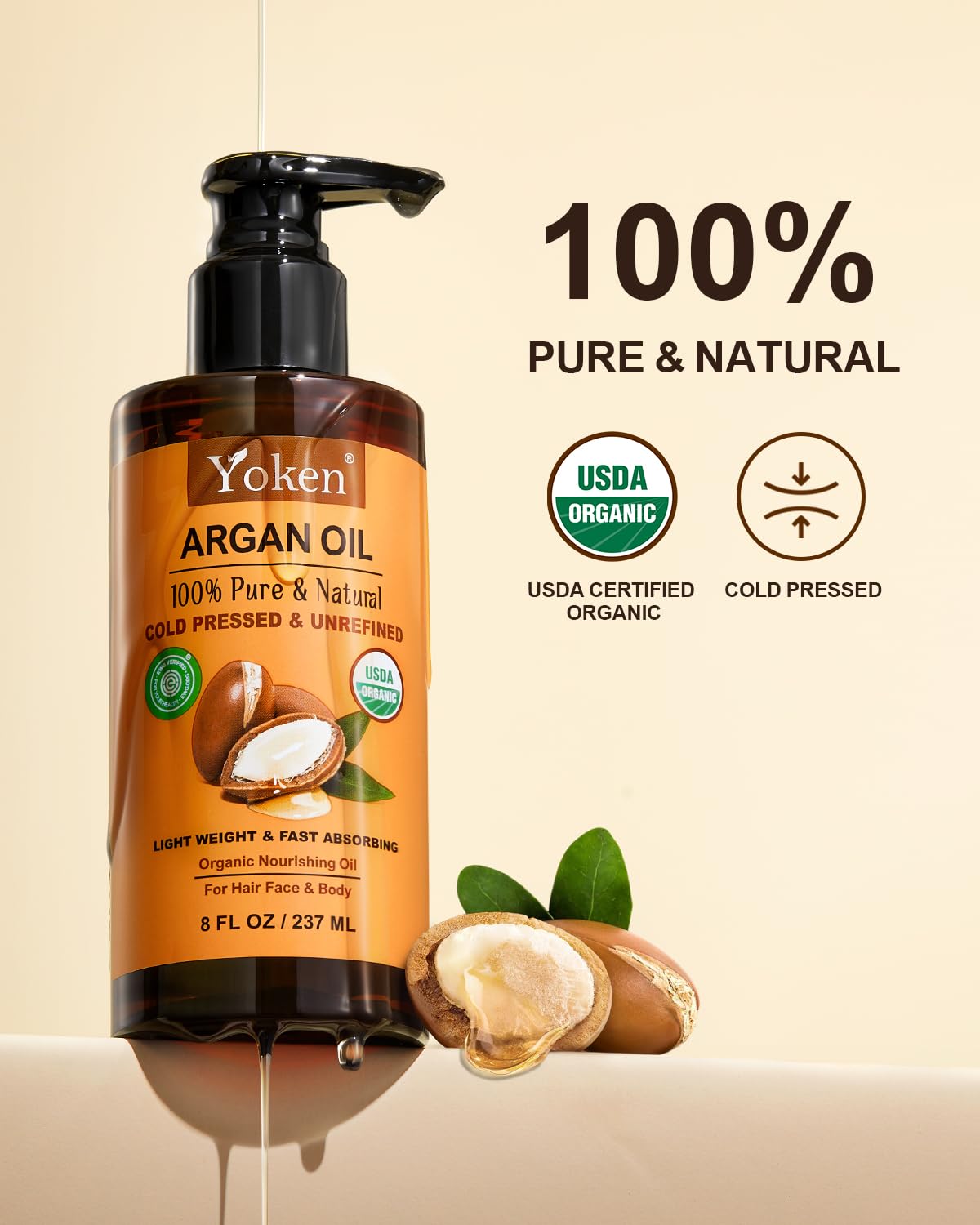 Yoken USDA Organic Argan Oil for Hair, Pure and Natural Morocco Argan Oil, Argon Oil For Hair, Scalp, Face & Skin Care, 100% Cold Pressed Hair Conditioner, Unrefined Argon Nails Carrier Oil (8 Fl Oz)