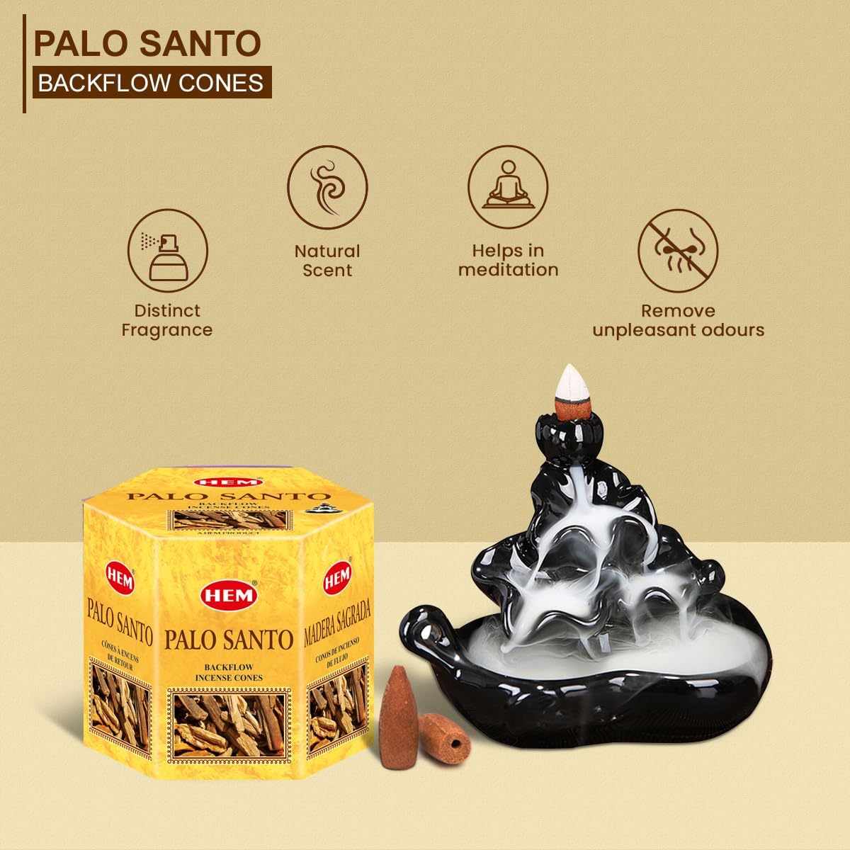 HEM Palo Santo Backflow Incense Cones – 20 Aromatherapy Cones | Long Lasting 40 Min Burn(Single Cone) | for Spa, Yoga, Reiki, Meditation, Healing, Relaxation & Home Fragrance