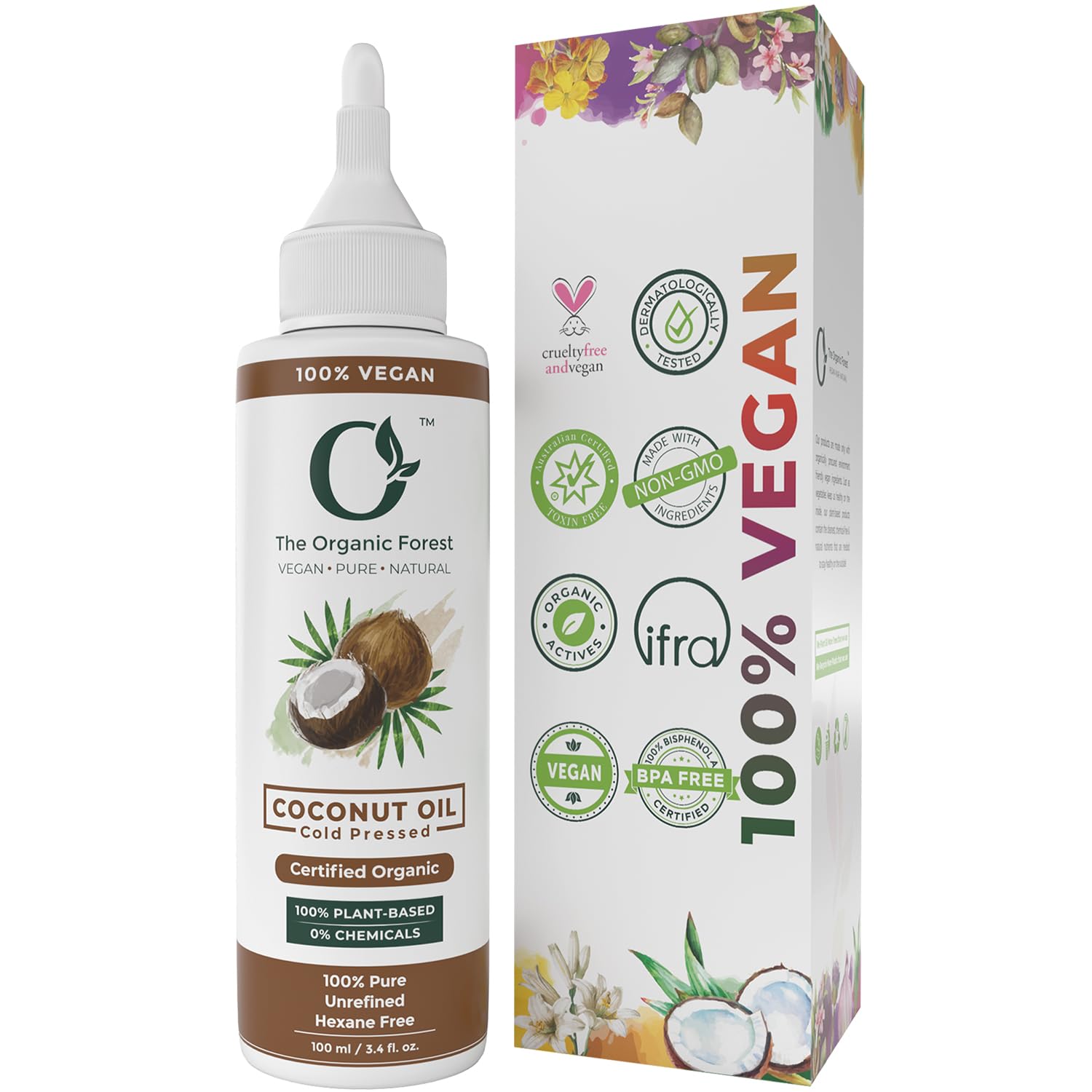 Plant Based Organic Coconut Oil for Skin & Hair | Pure Coconut Hair Oil for Damaged Hair, Deep Moisturization & Massage | Cold Pressed Body Oil after shower | Aceite de Coco Para el Cabello