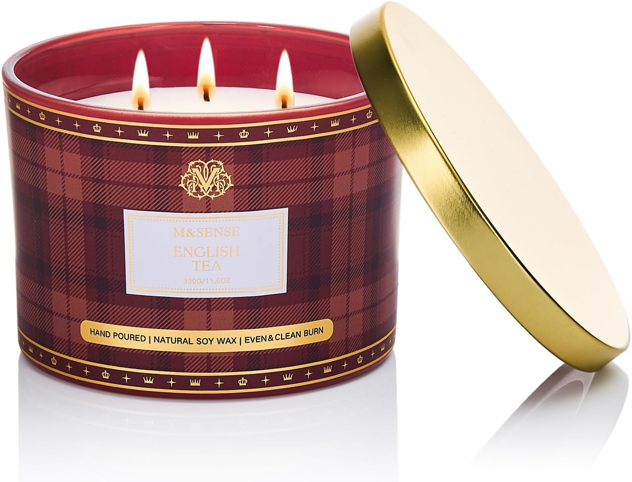 M&SENSE Plaid Pattern 3 Wick Soy Candles,11.64 oz Large English Tea Scent Candle for Relaxation, Gifting, Home Décor | for Bedroom, Office, Party