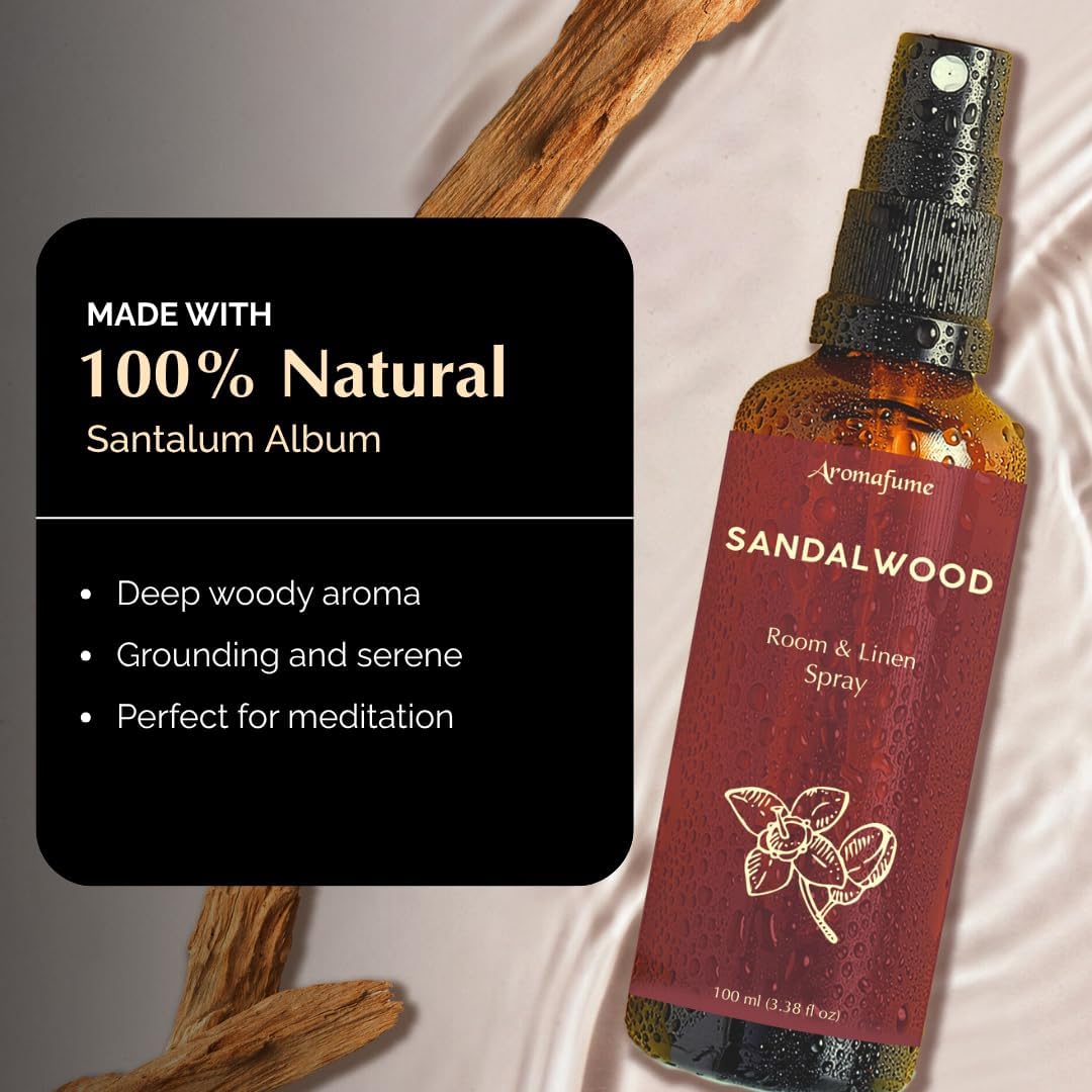 Sandalwood Room, Linen & Pillow Spray by Aromafume | 100ml/3.38 fl oz | with Pure Sandalwood Essential Oil | Aromatherapy Spray for Relaxation, Sleep & Stress Relief | Mist for Bedding, Fabrics