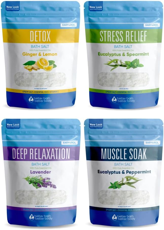 Bath Salts Sampler (4-Pack of 2-lbs) Variety Bath Soaks with Bamboo Scoop