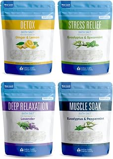 Bath Salts Sampler (4-Pack of 2-lbs) Variety Bath Soaks with Bamboo Scoop