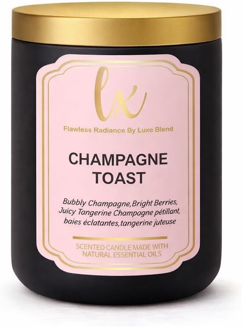 Soy Wax Candle, Black with Gold Lid, 14.5 oz, Premium Fragrance Long Lasting Candle (Champagne Toast)