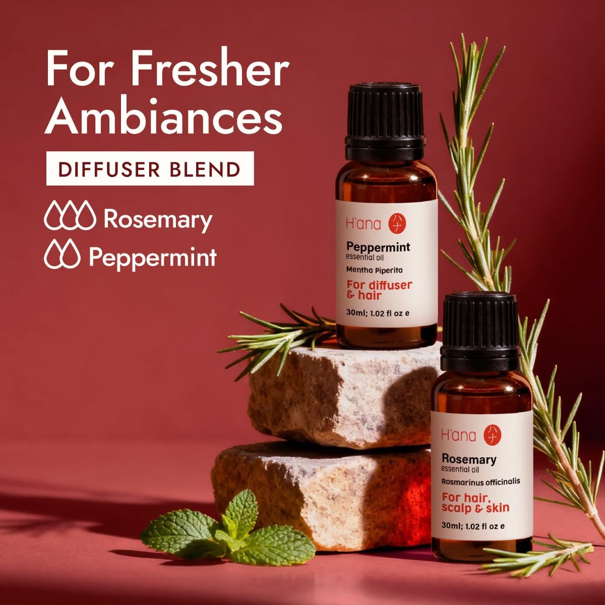 H'ana Rosemary Oil - 1.02 Fl Oz Rosemary Essential Oil for Hair, Skin, Diffuser, Aromatherapy & DIY