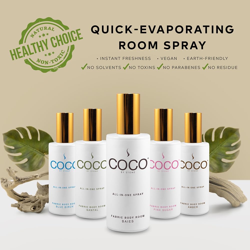 COCO by Stone 5oz All-in-One Spray (Amber) Shake & Spray Formula for Fabric, Pillows, Interiors, Clothing, Home Fragrance Accessories, Room Perfume, Room Deodorizer, Vegan & Cruelty-Free