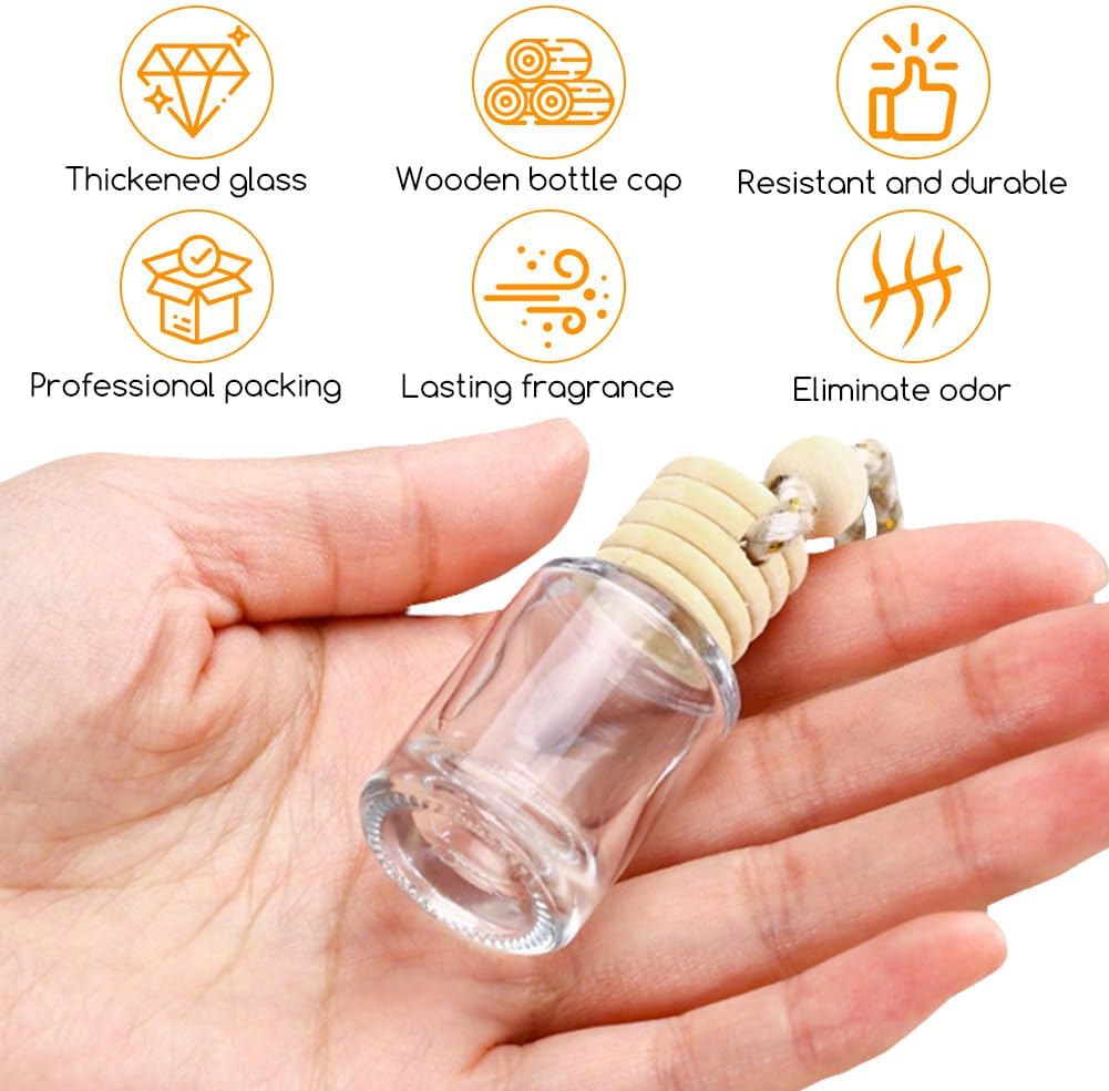 5 Pcs 5ml0.17oz Empty Hanging Car Air Freshener Diffusers Clear Glass Essential Oil Aromatherapy Pendant Vials with Wooden Caps and String Refillable Perfume Bottles for Fragrance