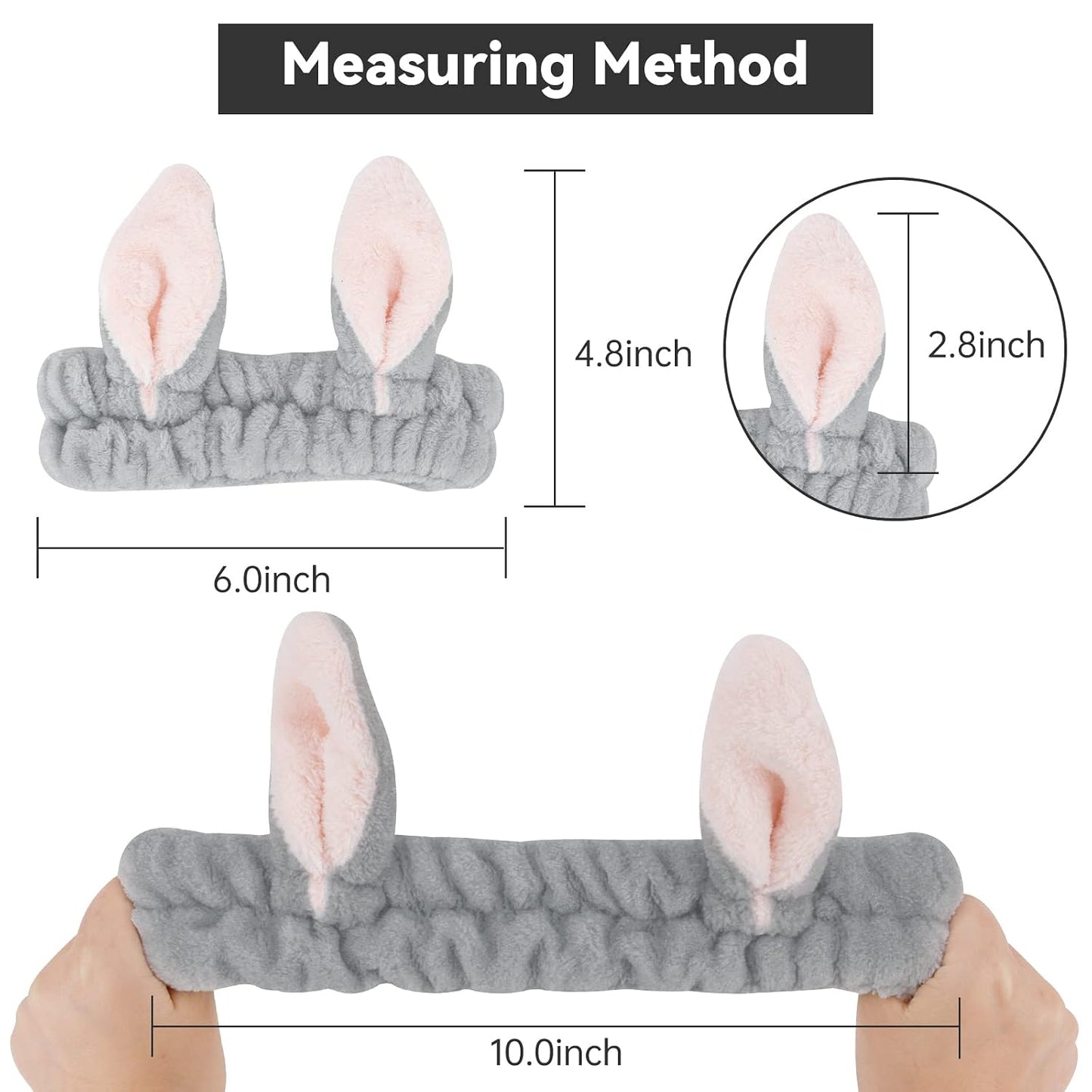 YISSION Cute Bunny Ear Spa Headband for Women and Girls - Soft Plush Makeup Headband for Face Washing, Skincare, Shower, Easter Party Favors (2 Pack, White & Gray)