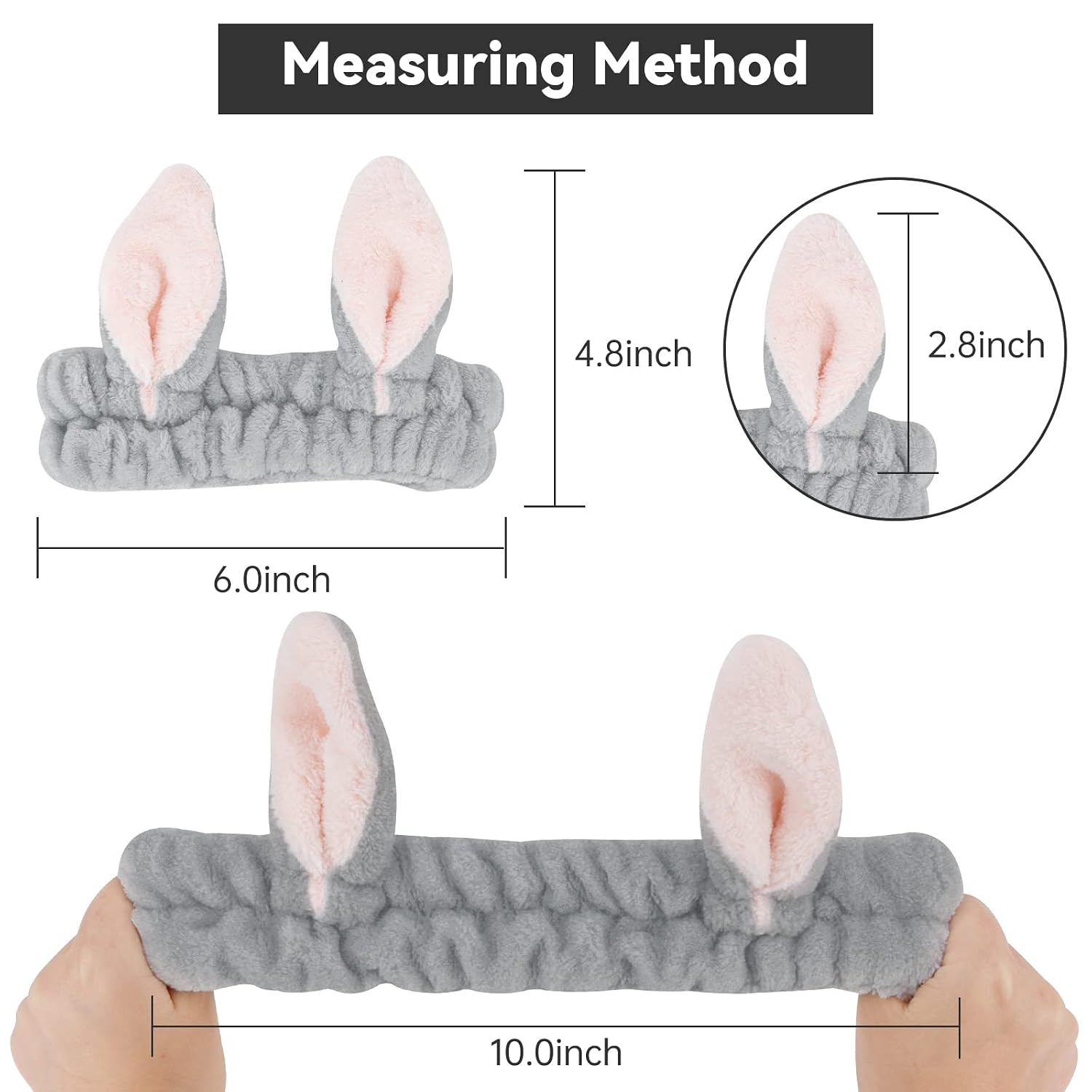 YISSION Cute Bunny Ear Spa Headband for Women and Girls - Soft Plush Makeup Headband for Face Washing, Skincare, Shower, Easter Party Favors (2 Pack, White & Gray)