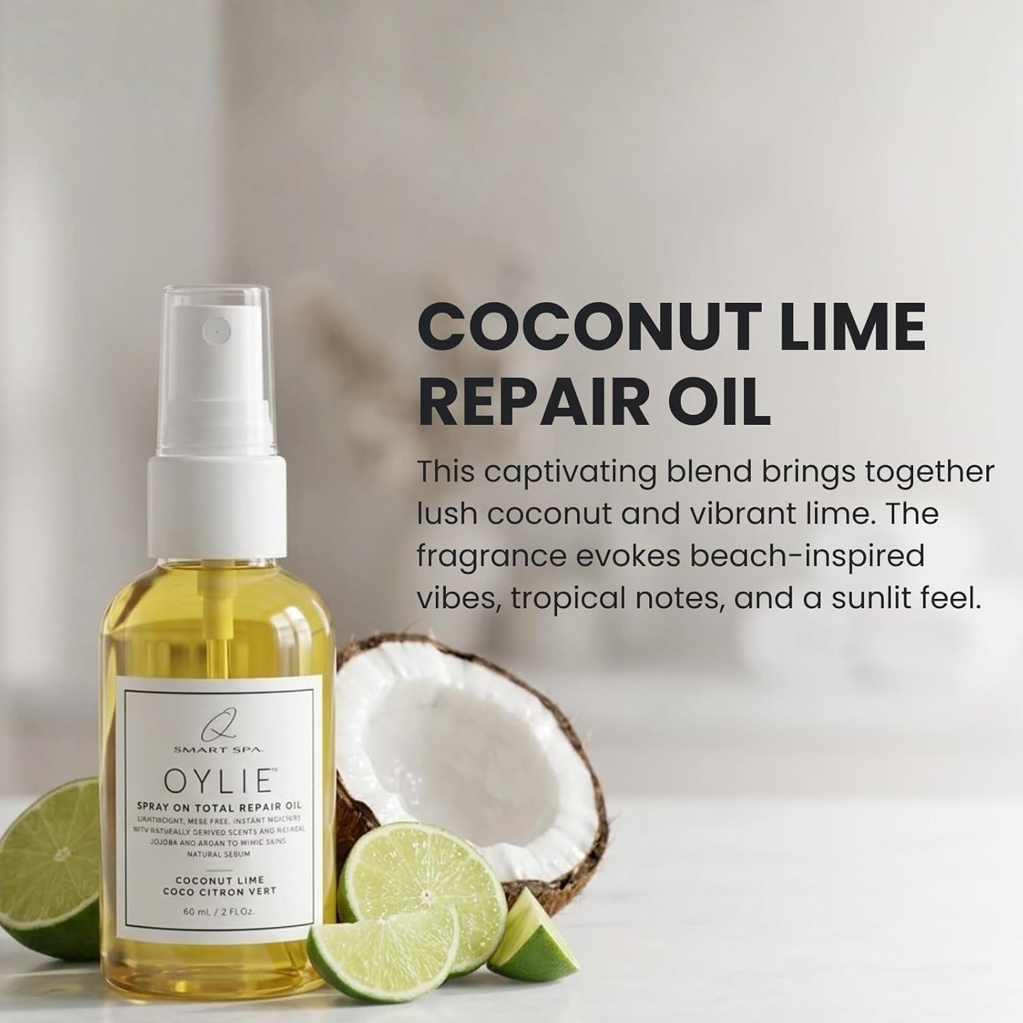QTICA Oylie Spray On Total Repair Body Oil | Lightweight Spray Oil with Natural Jojoba & Argan Oil for Instant Moisture Smooth Finish Deep Hydration Soft Supple Looking Skin 2oz (Coconut Lime)