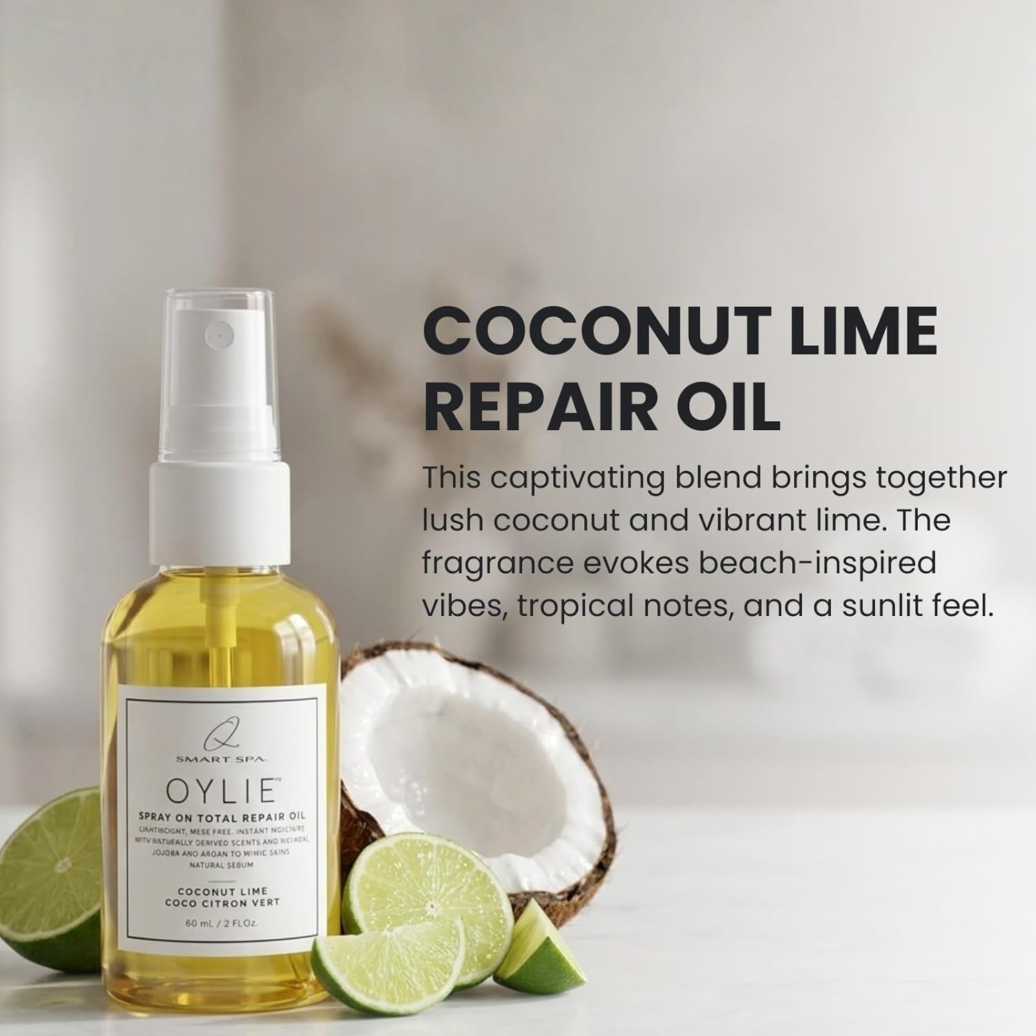 QTICA Oylie Spray On Total Repair Body Oil | Lightweight Spray Oil with Natural Jojoba & Argan Oil for Instant Moisture Smooth Finish Deep Hydration Soft Supple Looking Skin 2oz (Coconut Lime)