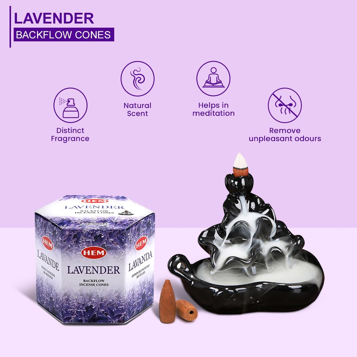 HEM Lavender Backflow Incense Cones – Pack of 40 Brown Cones | Long-Lasting Floral Aroma for Positivity, Relaxation & Sleep | Wood Powder Aromatherapy for Stress Relief & Air Purification