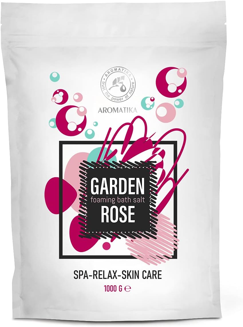 Foaming Bath Sea Salt Rose 35 Oz - 1000g - Bubble Bath Salts with Almond & Rosewood Essential Oil & Rosa Damascena Flower Extract for Bath Soak - Relaxing Bath - Aromatherapy Bath Salts