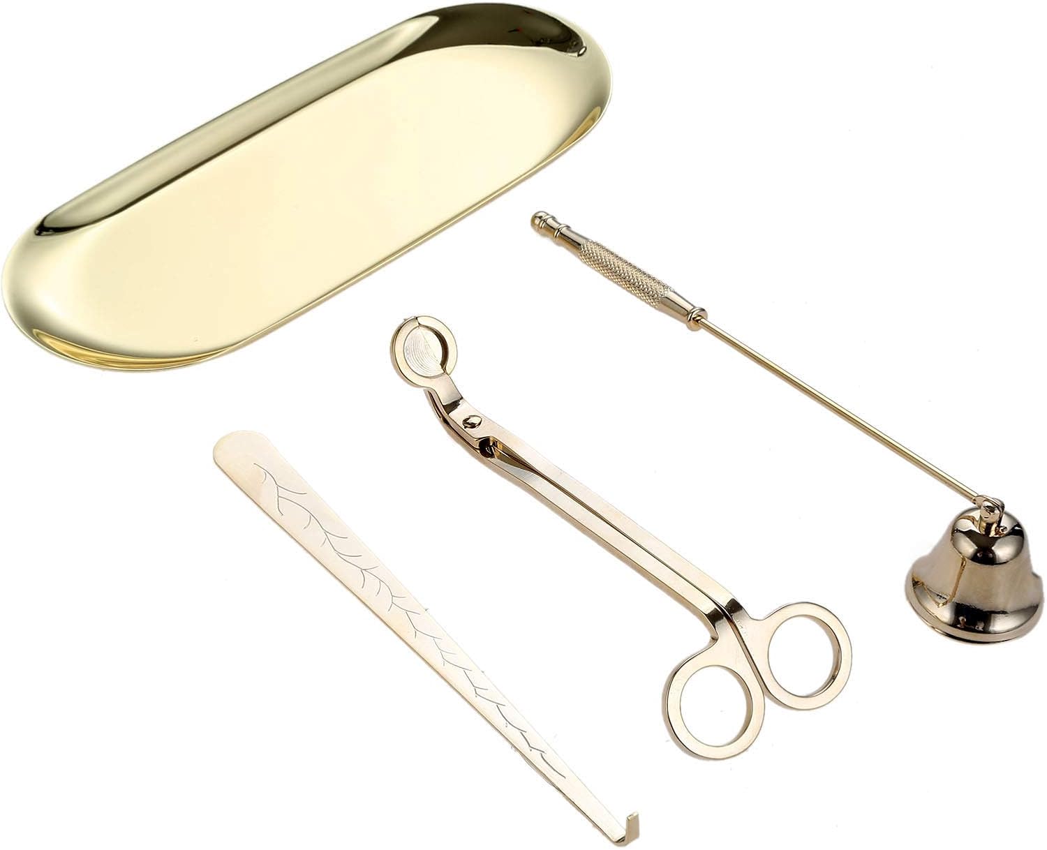 MUXSAM 4 in 1 Candle Accessory Set, Candle Wick Trimmer Candle Cutter, Candle Snuffer, Candle Wick Dipper, Storage Tray Plate, Candle Care Tools for Candle Lover, Thanksgiving, Christmas (Gold)