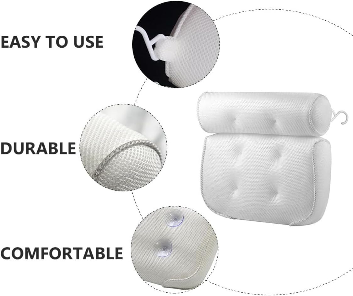 Spa Bath Pillow with 6 Suction Cups, 3D Mesh Cloth Tub Head Support and Bathtub Neck Cushion for Adults, Ergonomic Non-Slip Bathtub Pillow for Relaxing Soaking and Shower Use