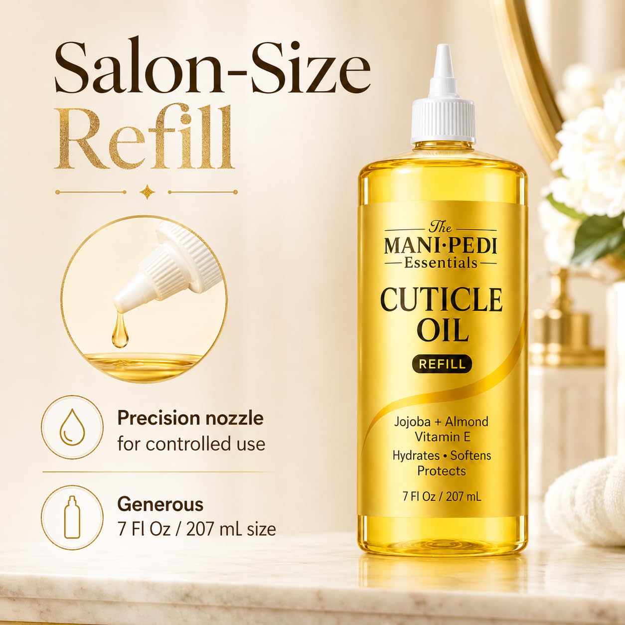Professional Cuticle Oil Refill/Bulk Pack with precision nozzle for easy refilling - 7 Fl Oz. Enriched with Jojoba Oil, Vitamin E & Sweet Almond Oil. Nail Tech Supplies for Nourished Nails & Cuticles
