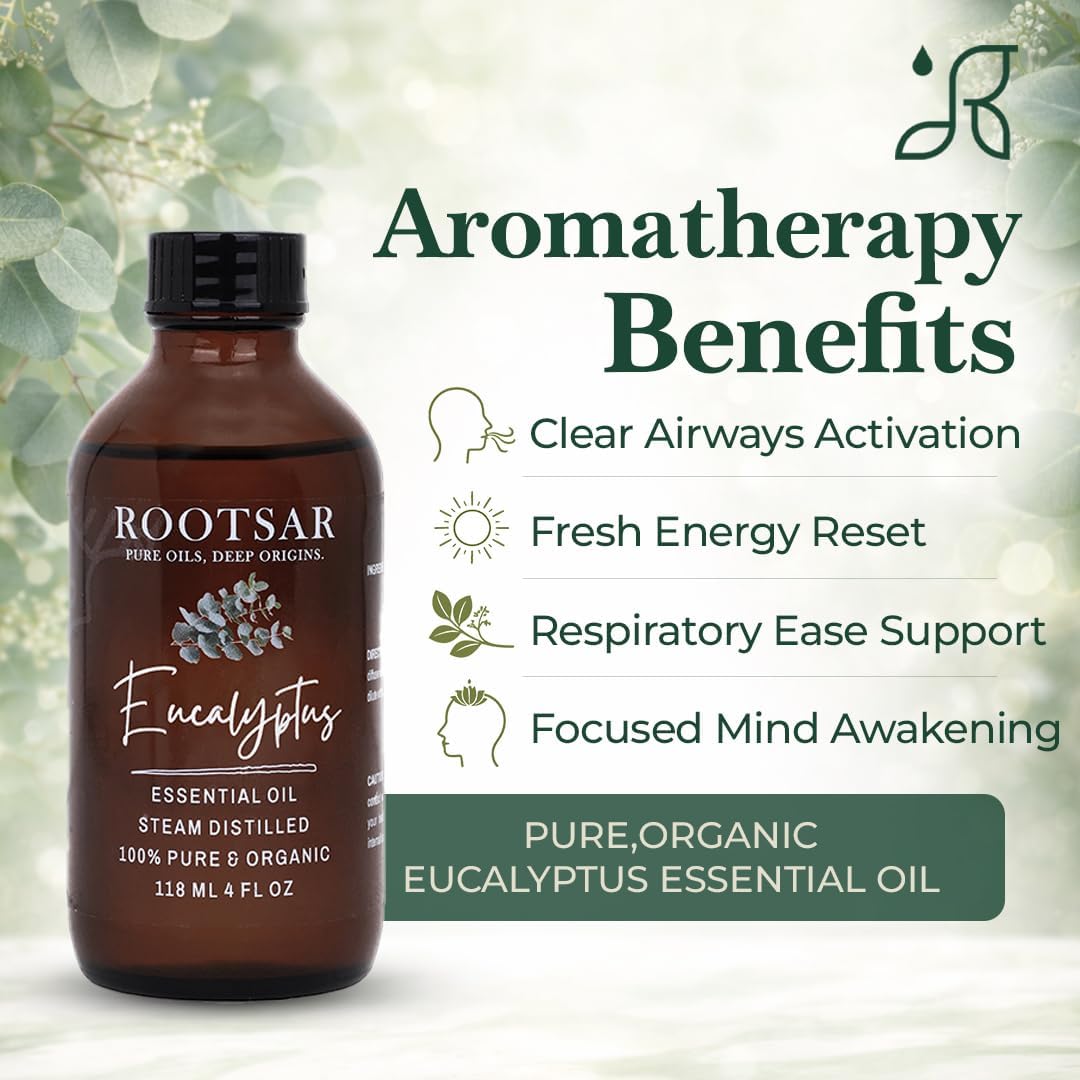 Eucalyptus Essential Oil – 100% Pure Organic Eucalyptus Oil, Steam Distilled, 4 FL OZ / 118 ML – Premium Essential Oil for Diffuser, Aromatherapy, Massage, Skin Care, Candle & Soap Making