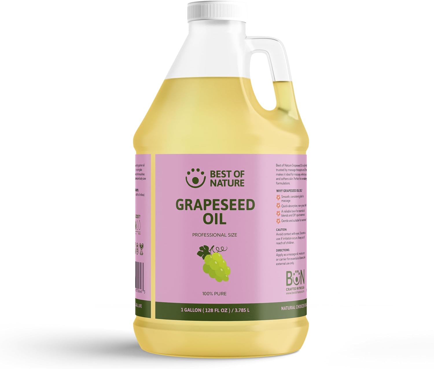 Best of Nature 100% Pure Grapeseed Oil - Unscented, Lightweight, Non-Greasy Moisturizer for Hair, Skin, Face & Aromatherapy, Carrier Oil for Essential Oils, Gallon (128 fl oz)