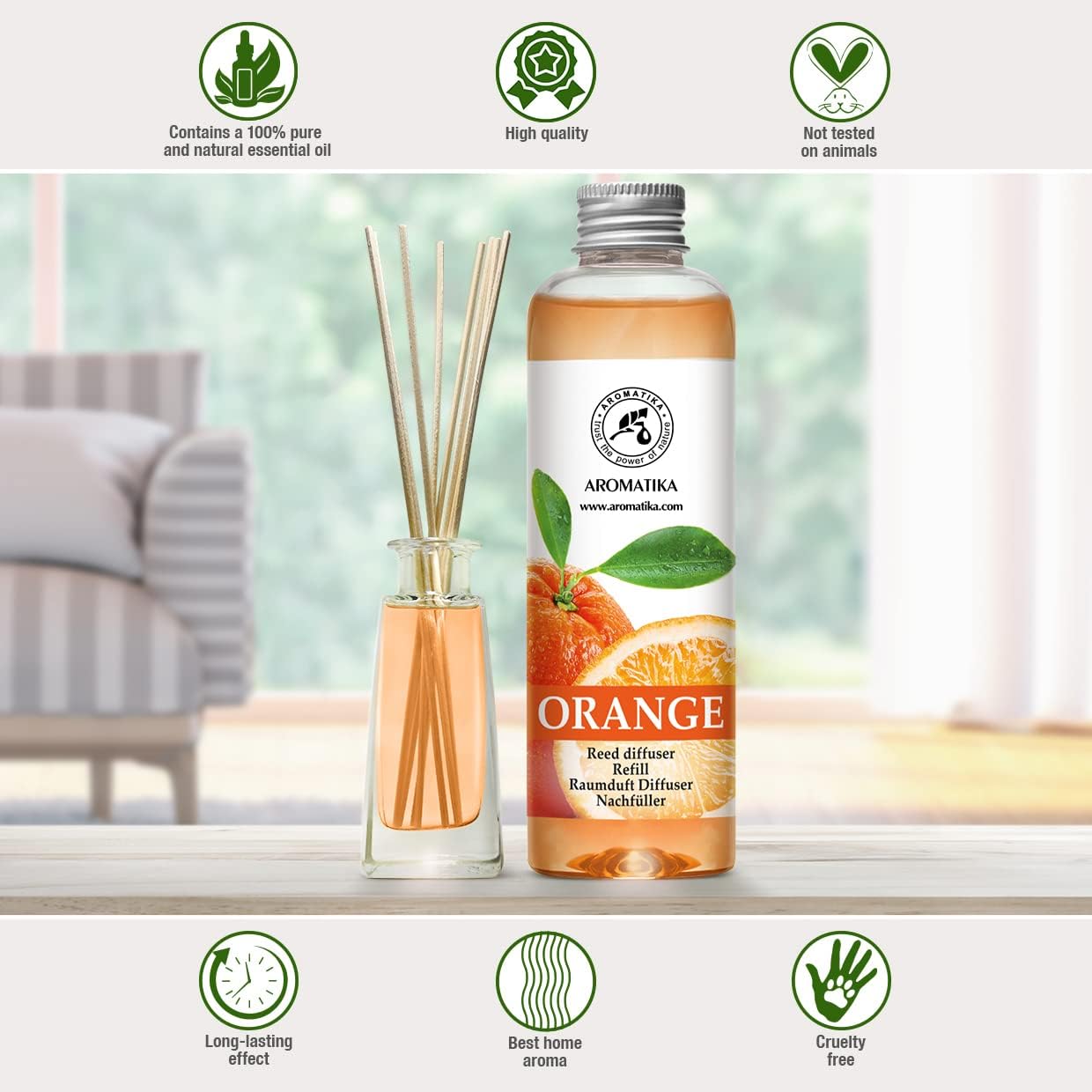 Orange Reed Diffuser Refill 6.8 fl oz (200 ml) – Room Fragrance with Natural Orange Essential Oil – Long Lasting Scent for Home and Office