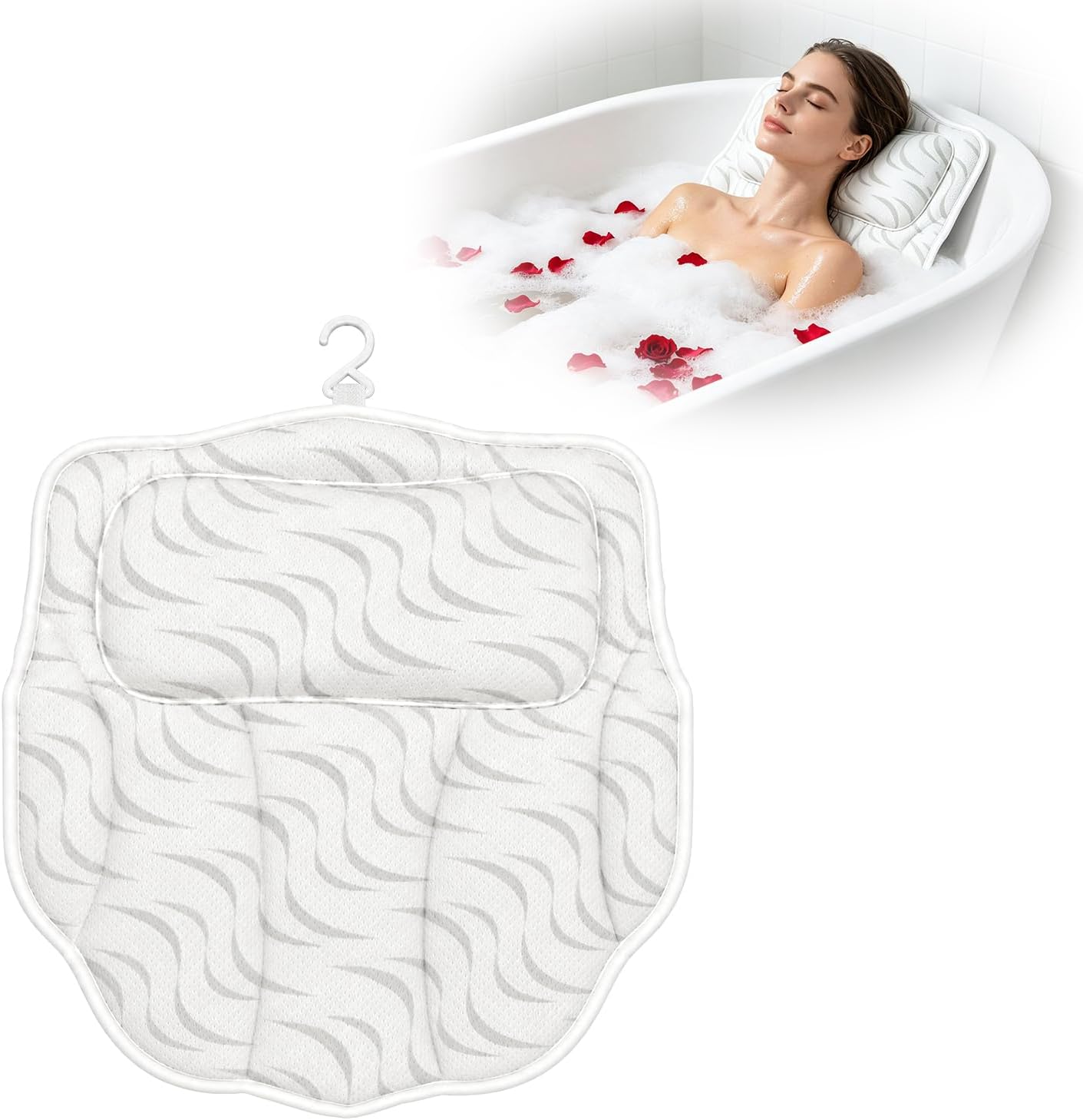 Bath Pillow for Tub, Ergonomic Neck Support Spa Bath Cushion | 4D Hollow Air Mesh,Quick-Dry & Breathable,ergonomic head neck support,6 heavy-duty suction cups for home spa tub soak