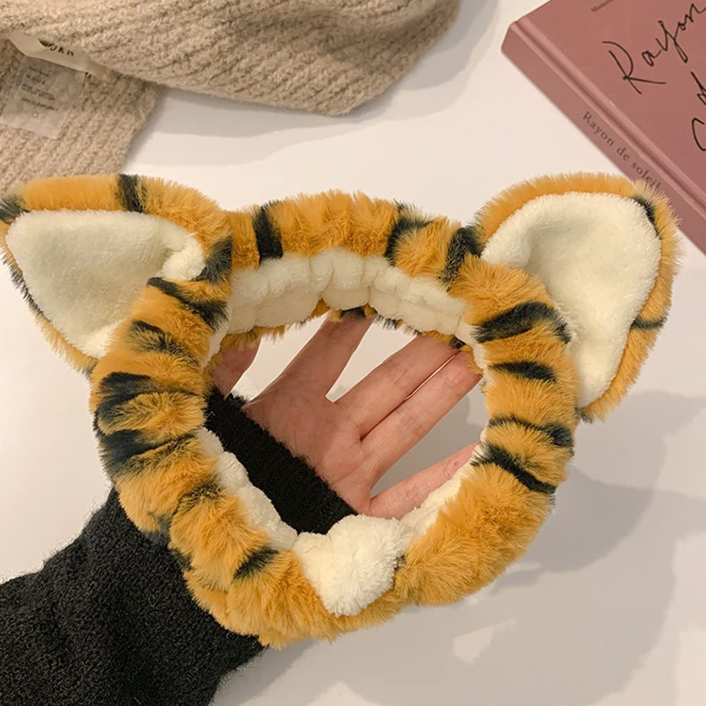 luzen 2Pcs Lovely Tiger Print Headbands Soft Plush Washing Face Facial Mask Skincare Makeup Hair Bands Elastic Spa Shower Yoga Sports Headband Headwraps Hair Accessories for Women