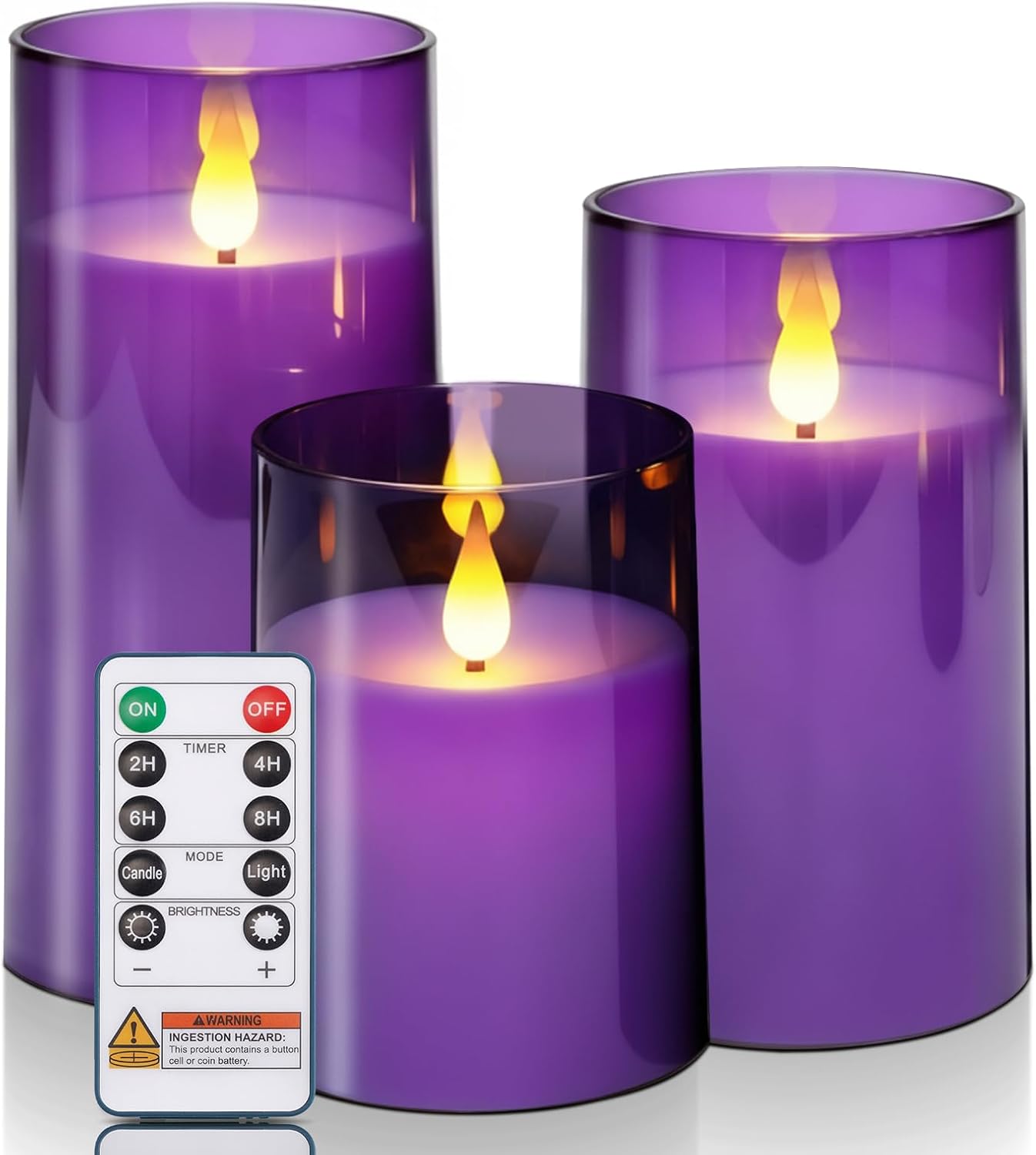 Homemory Purple Flameless Candles, Flickering Battery Operated LED Pillar Candles with Remote Timer, Acrylic Violet Fake Candles, Decorative Candles for Home Wedding Party Halloween Decor, Set of 3