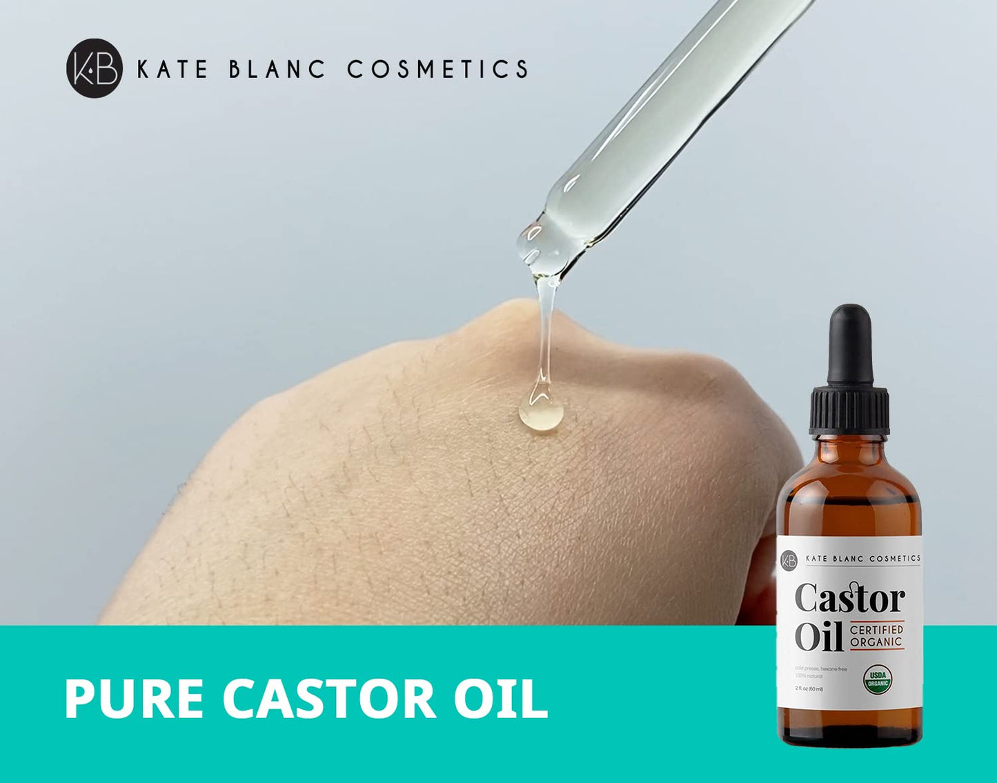 Kate Blanc Cosmetics Castor Oil Organic for Hair, Lashes, Face, Skin (2oz), 100% Pure, Cold Pressed, Hexane Free Hair Oil. Lash Serum for Thicker-Looking Eyelashes & Eyebrows