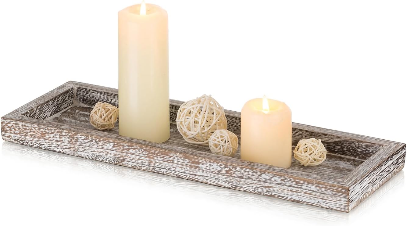 Romadedi Rustic Decorative Wood Candle Tray - 15" Wooden Long Narrow Tray Candle Holder, Farmhouse Small Trays for Coffee Table Centerpieces Dining Room Kitchen Countertop Home Decor, Whitewashed