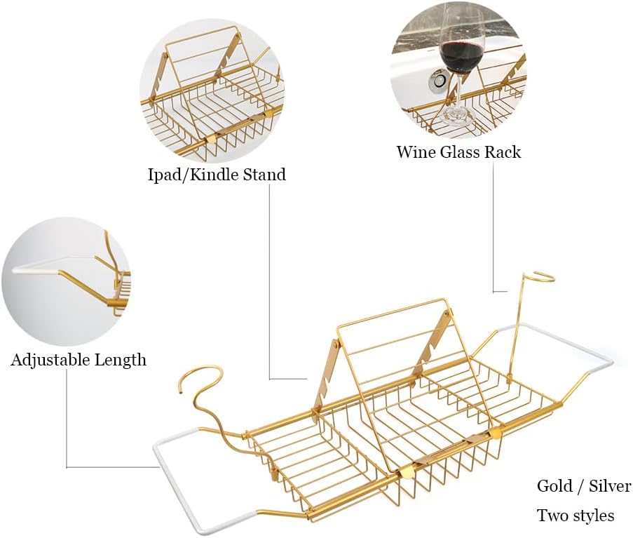 Bathtub Tray,Stainless Steel Shower Bathtub Caddy Tray with Removable Book Holder Red Wine Rack Holder, for Home Kitchen Bathroom,Gold