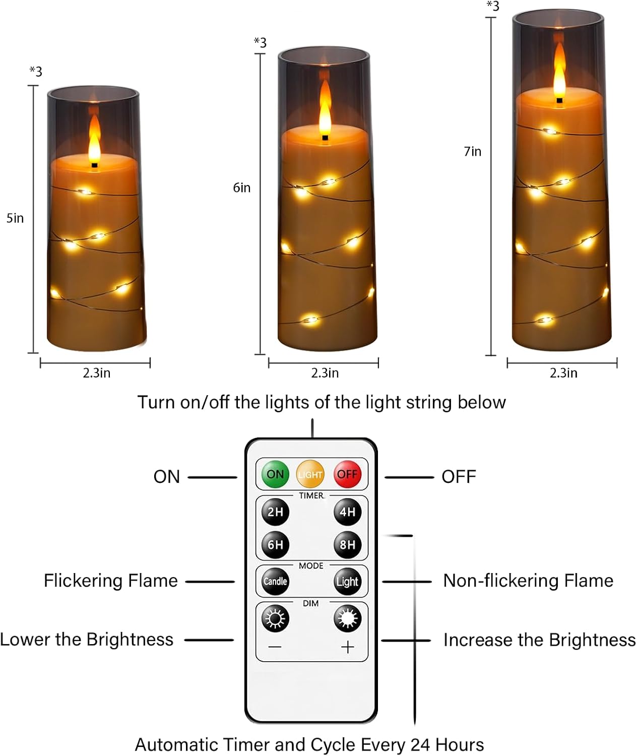 kakoya Flameless LED Candles with Timer 9 Pc Flickering Flameless Candles for Romantic Ambiance and Home Decoration Stable Acrylic Shell,with Embedded Star String，Battery Operated Candles（Grey）