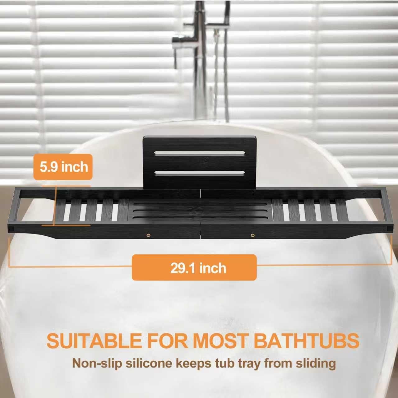 Bathtub Tray Caddy Black - Bath Tray Black - Bath Tub Table Tray Caddy - Bamboo Bath Tray for Tub