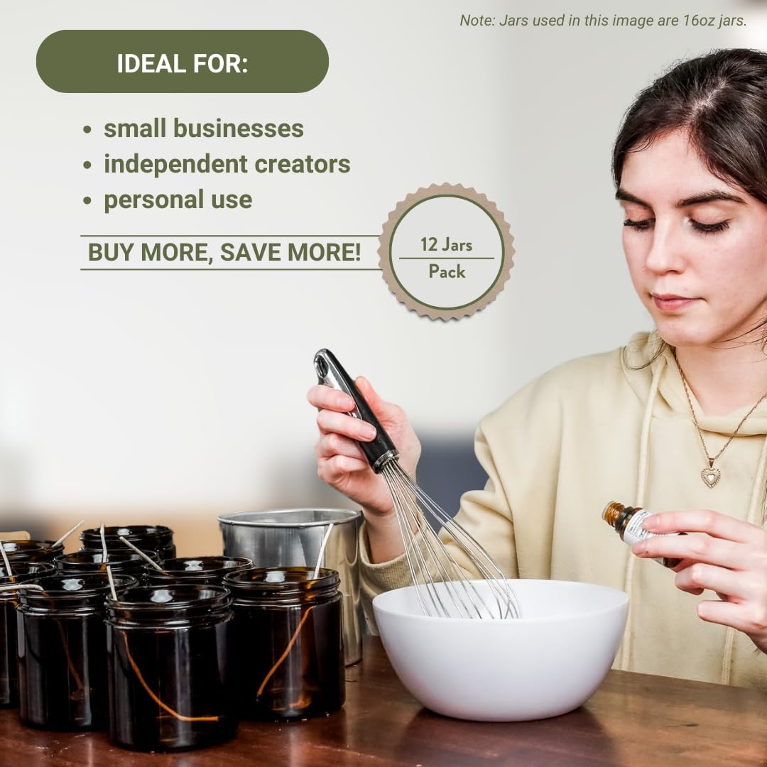 Glass Amber 16oz Jar - 12 Packs, Lead-Free Empty Round Jars For Beauty Products, Lotion, and Powders - Black Lid - Small Candle Jars